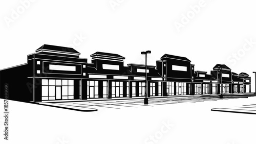 Commercial Building Facade Illustration - Retail Strip Mall Architecture.