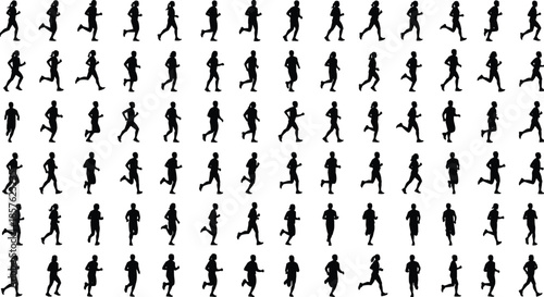 Running silhouette sequence of human motion, athletic poses for animation, biomechanics, sports training, gait analysis, fitness, and movement studies