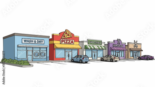 Cartoon Main Street with Various Businesses and Parked Cars.