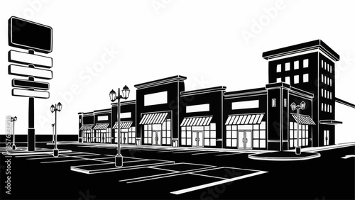Black and White Illustration of a Commercial Shopping Center.