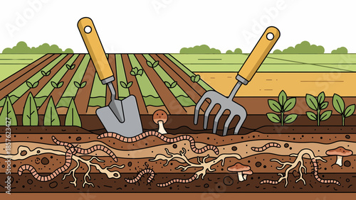 Gardening Tools in Soil with Roots.