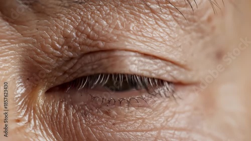 Close-up of an eye, showing details of the eyelid, eyelashes, and iris.