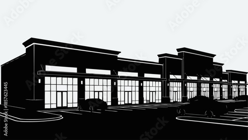 Black and White Commercial Building Illustration with Parking.