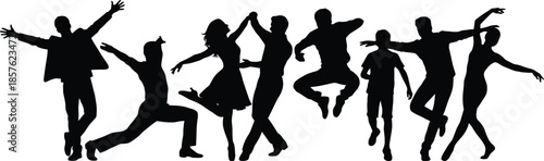 Dynamic group of dancing people silhouettes celebrating freedom, energy, teamwork, joy, nightlife, party culture, diversity, movement, performance, lifestyle, concept, illustration