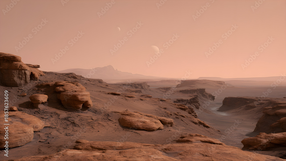 Fototapeta premium Martian landscape with canyons, rocks, and two moons in the sky.