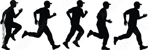 Running man silhouette sequence wearing cap showing speed, athletic endurance, fitness training, healthy lifestyle, sprint motion, dynamic movement illustration concept