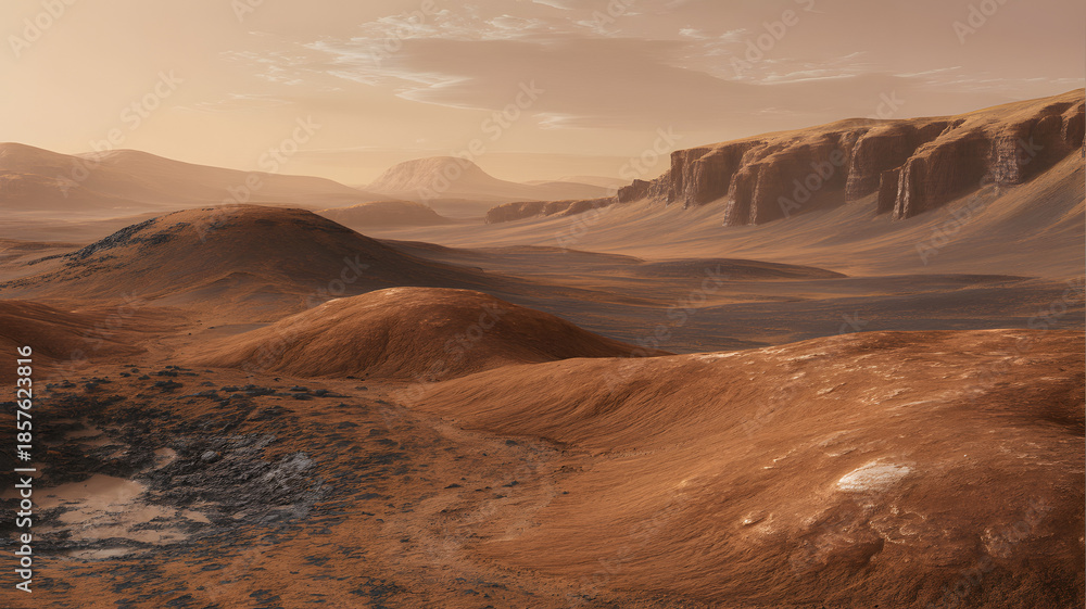 Fototapeta premium Martian surface with rocky hills and cliffs under an orange sky.