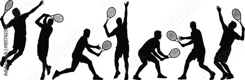 Tennis players silhouettes in action sequence performing serve, volley, smash, competitive match, athletic motion, professional sport, dynamic movement illustration concept