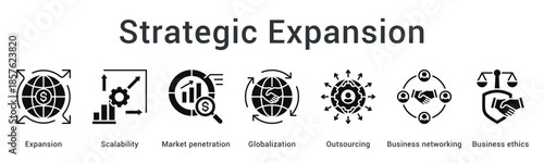 Strategic expansion banner web icon scales market penetration through globalization outsourcing with ethical networking practices.