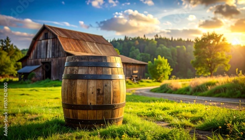 Warm sunlight illuminates a rustic wooden barrel on a grassy field before a barn and trees