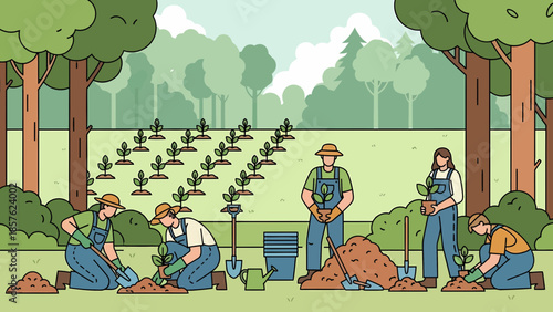 Group of gardeners planting trees together outdoors.