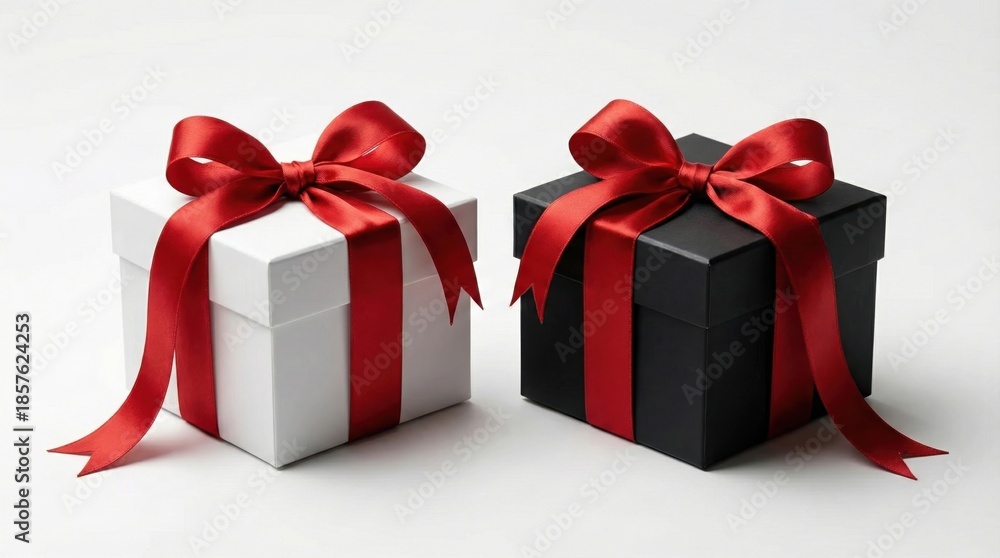 Fototapeta premium Gift Boxes: Two elegantly wrapped gift boxes, one classic white and one chic black, adorned with vibrant red ribbons and bows, sitting side-by-side, perfect for special occasions.
