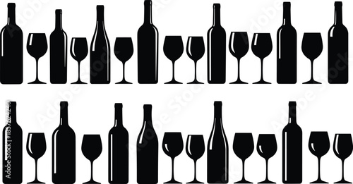 Black wine bottle and glass silhouettes in seamless pattern, minimalist bar decor, elegant drink icons for restaurant and winery design