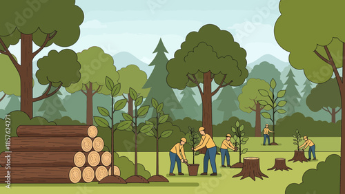 Lumberjacks Cutting Down Trees in Forest.