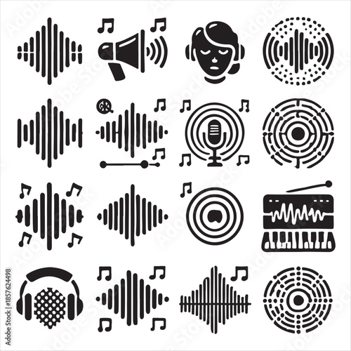 Sound Waves Icons Editable Stroke. The set contains icons such as Noise, Wave Pattern, Music, Voice Signal