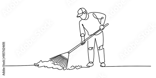 A single continuous line drawing of a person raking leaves on the ground Vector, illustration
