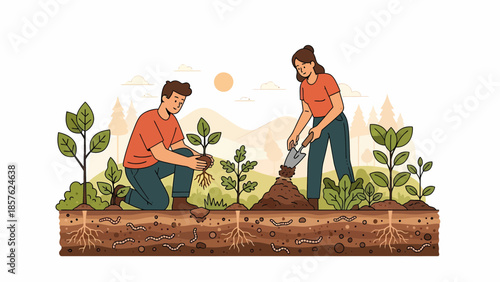 Man and Woman Planting Trees Together.