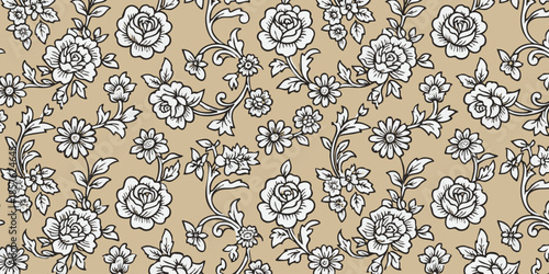 A seamless floral pattern featuring roses and leaves on a beige background viewed from directly above