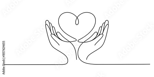 A minimalist single continuous line art depicting hands gently cradling a heart symbol Vector, illustration