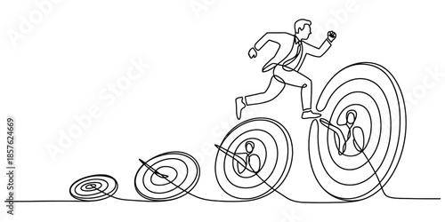 Continuous line drawing of a businessman running over a series of increasing targets, symbolizing ambition and progress Vector, illustration