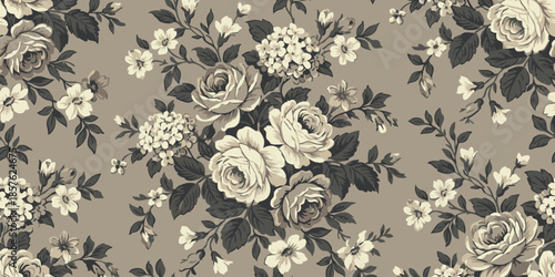 A serene illustration of roses and flowers in a seamless pattern on a muted brown background