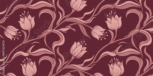 Floral pattern with pink tulips on a dark red background in a seamless repeat design
