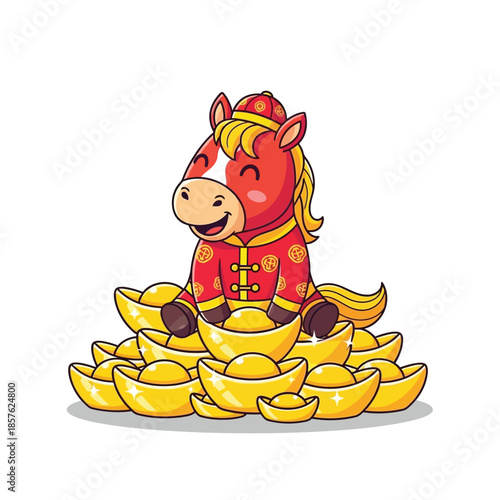 A cute illustration vector of a joyful red zodiac horse sitting on golden ingots, celebrating chinese new year prosperity.