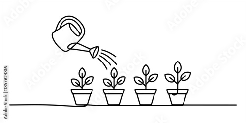 A continuous line art drawing of a watering can nurturing small potted plants Vector, illustration