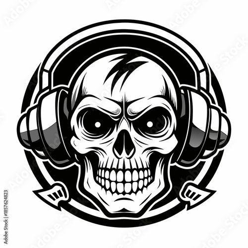 Skull in hustle art style with a retro style headphone 59b - BW r2
