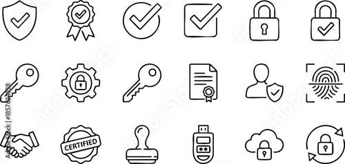 Collection of Simple Security Icons Representing Protection and Verification on a White Background