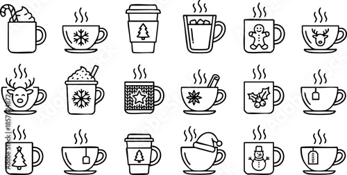 Collection of various hot beverages and teas illustrated in simple black and white graphics
