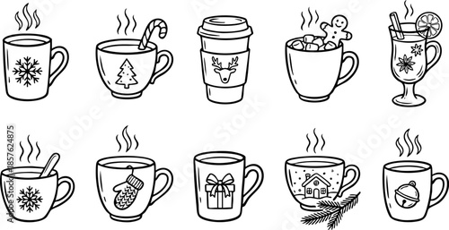 Assorted holiday beverages in decorative cups and mugs, some with festive designs and steam rising, presented in a clean illustrated style.