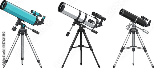 Astronomical telescopes on tripods set for stargazing, astronomy observation, space science, and educational research vector illustration