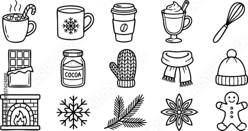 Winter-themed illustrations featuring hot beverages and festive elements