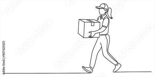 Minimalist continuous line art illustration showing a delivery woman carrying a cardboard box Vector, illustration
