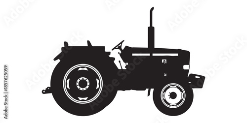 Black silhouette of a modern farm tractor on a white background, Black silhouette of a tractor plowing a field representing agriculture and farming isolated on white background, pro