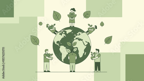 People Surrounding Globe with Leaves Illustration.