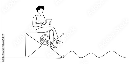 Continuous line art illustration of a man sitting on an email envelope using a tablet Vector, illustration