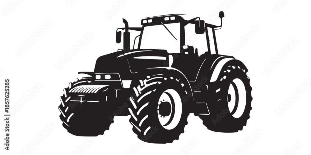 Obraz premium Black silhouette of a modern farm tractor on a white background, Black silhouette of a tractor plowing a field representing agriculture and farming isolated on white background, pro