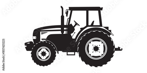 Black silhouette of a modern farm tractor on a white background, Black silhouette of a tractor plowing a field representing agriculture and farming isolated on white background, pro