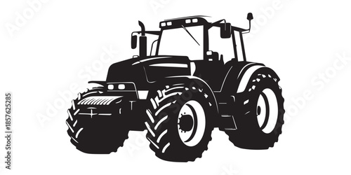 Black silhouette of a modern farm tractor on a white background, Black silhouette of a tractor plowing a field representing agriculture and farming isolated on white background, pro