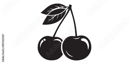 Minimalist black cherry silhouette set with leaves on white background, Black silhouette of two cherries with a leaf on a white background cherry fruit, cherry black silhouette logo icon, pro