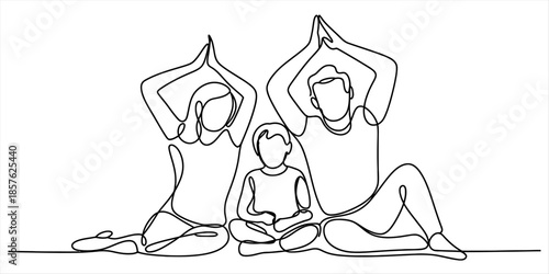A family of three practicing yoga and meditation together in a single line art drawing style. Vector, illustration