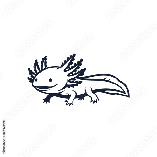 A smiling axolotl vector illustration with gills and a tail on a white background in a simple, dark blue line art style.