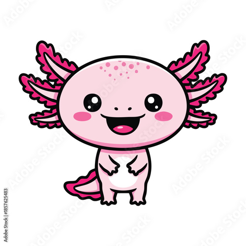 A cheerful cartoon axolotl vector illustration with pink gills and a happy expression on a clean white background.