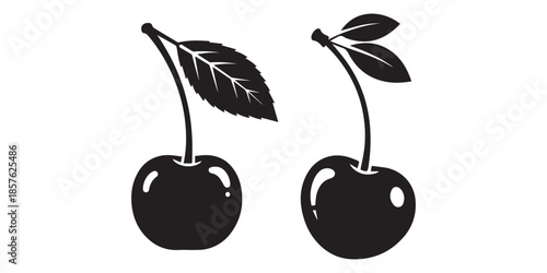 Minimalist black cherry silhouette set with leaves on white background, Black silhouette of two cherries with a leaf on a white background cherry fruit, cherry black silhouette logo icon, pro