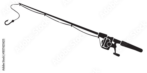A silhouette fishing rod is angling with a hook on a white background, black and white fishing rods with reels on white background fishing pole, Simple black silhouette , pro