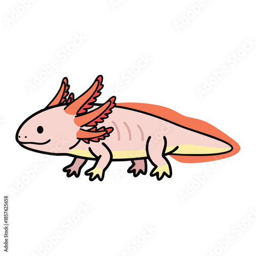A cute cartoon axolotl vector illustration with a smiling face, pink body, and orange gills, set against a clean white background.