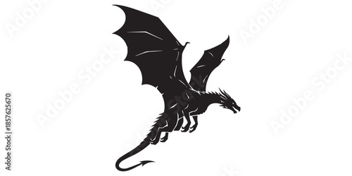 Black dragon silhouette flying with spread wings, fantasy monster vector illustration, mythical creature isolated on white background, gothic tattoo design, pro
