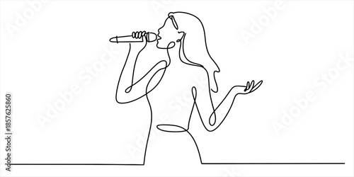 Continuous line art drawing of a woman singing into a microphone, capturing performance elegance Vector, illustration
